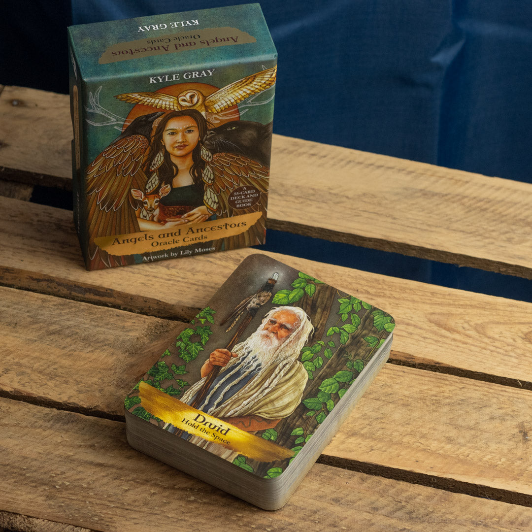 Angels & Ancestors Oracle Card Deck unboxed with example artwork