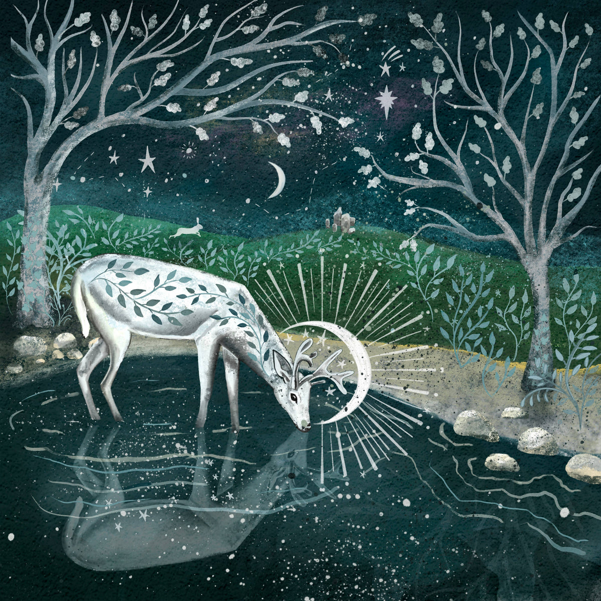 A whimsical night scene illustration featuring a white deer with leaf-like patterns drinking from a glowing crescent moon pool, surrounded by bare trees, stars, and a dark teal sky.