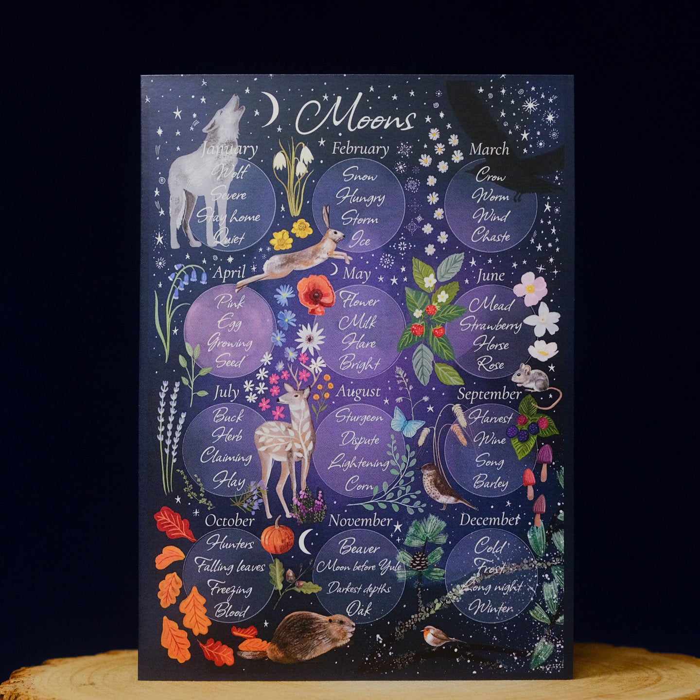 Greeting card with moon names of the year and animal illustrations on a dark background