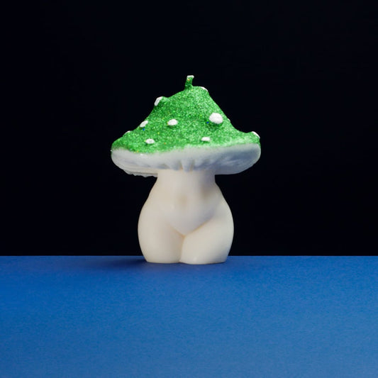 Green Glittery Goddess Mushroom Candle