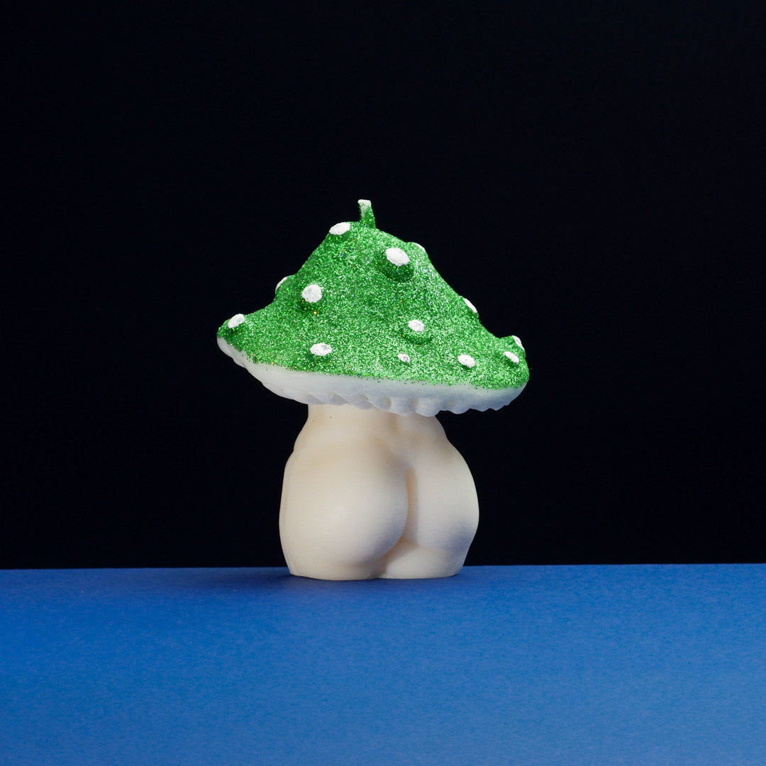 Green Glittery Goddess Mushroom Candle