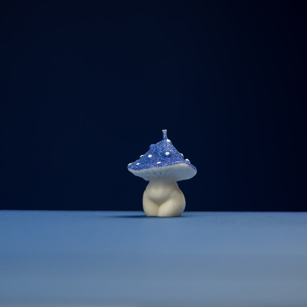 Small Blue Glittery Goddess Mushroom Candle