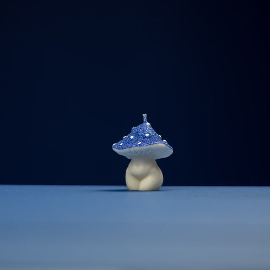 Small Blue Glittery Goddess Mushroom Candle