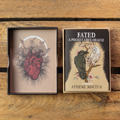 Oracle card set with 'Fated: A Pocket Love Oracle' and 'Athene Noctua' on a wooden surface.