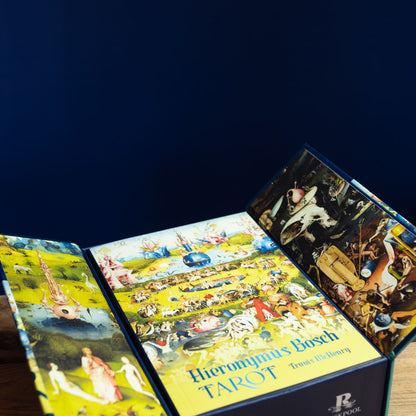 Hieronymus Bosch Tarot card set with colorful illustrations on a dark background
