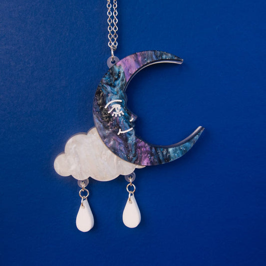 Moon & Clouds Necklace with Raindrops by Cherry Moonlight Co.