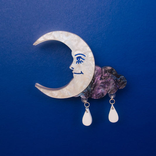 Moon & Clouds Brooch with Raindrops by Cherry Moonlight Co.