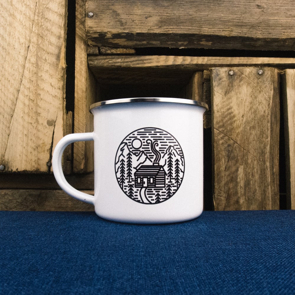 Mountain Cabin Enamel Mug by Sovende Bjorn