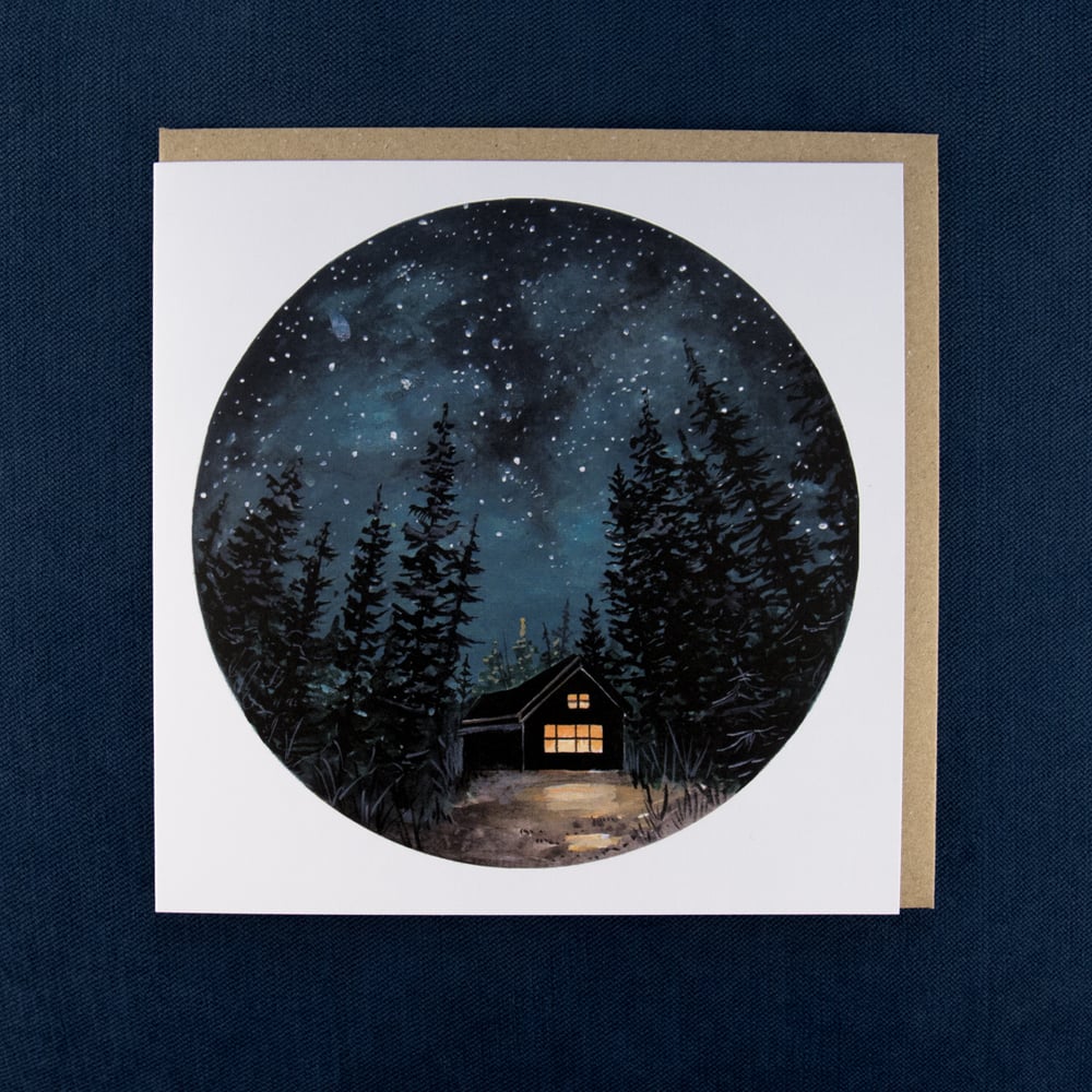 Cabin At Night Greetings Card by Charis Raine Illustration