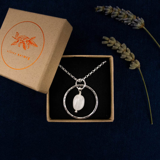 Recycled Silver Necklace ~ Textured Hoop Pendant with Moonstone