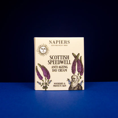 Scottish Speedwell Anti-Ageing Day Cream by Napiers in box on blue background