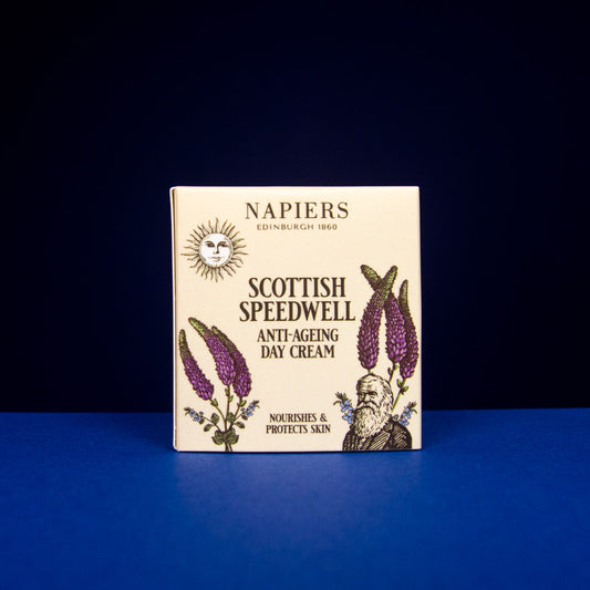 Scottish Speedwell Anti-Ageing Day Cream by Napiers in box on blue background