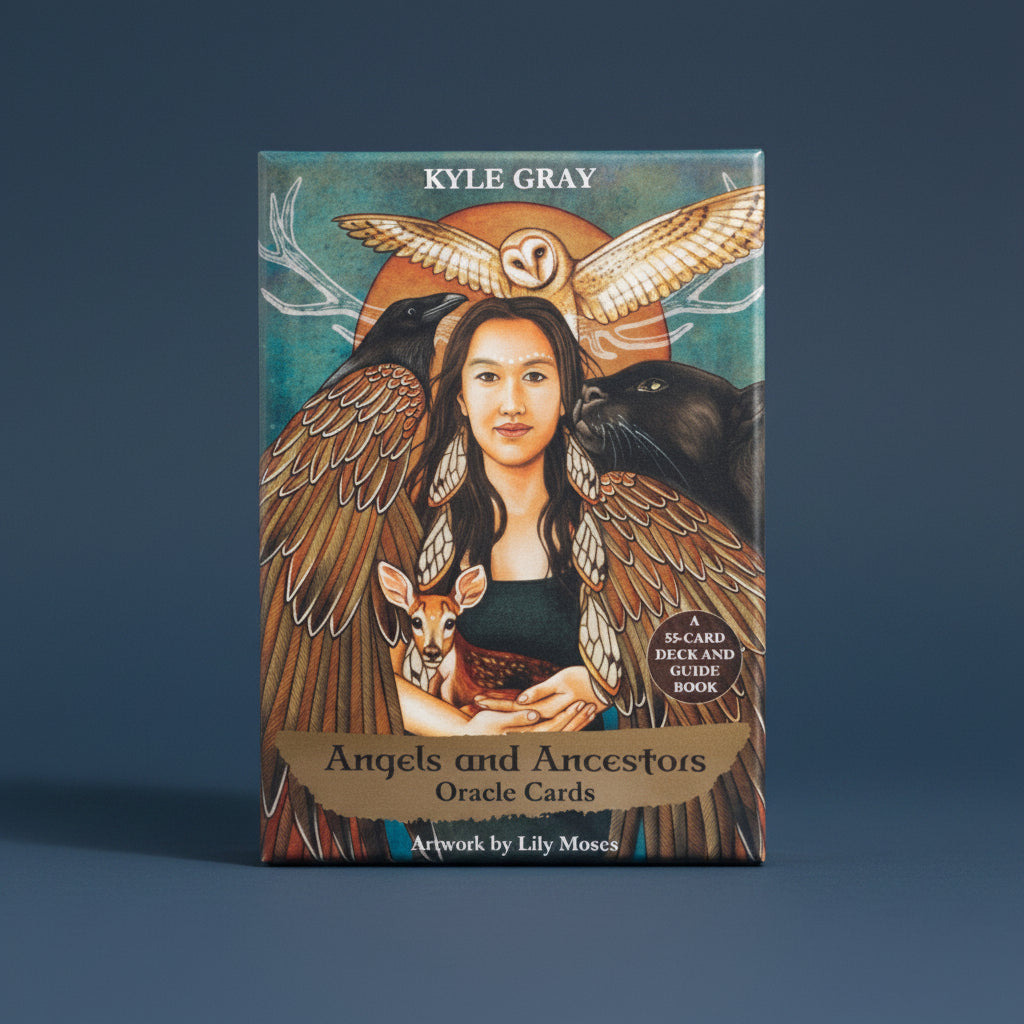 Card deck packaging titled 'Angels and Ancestors Oracle Cards' by Kyle Gray on a blue fabric background.
