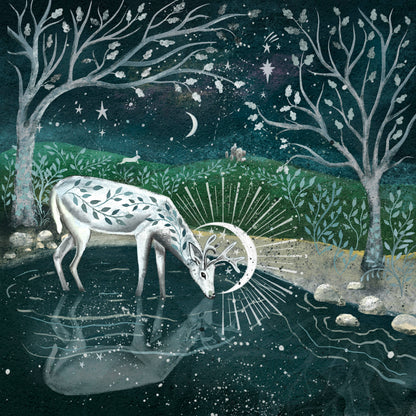 A whimsical night scene illustration featuring a white deer with leaf-like patterns drinking from a glowing crescent moon pool, surrounded by bare trees, stars, and a dark teal sky.