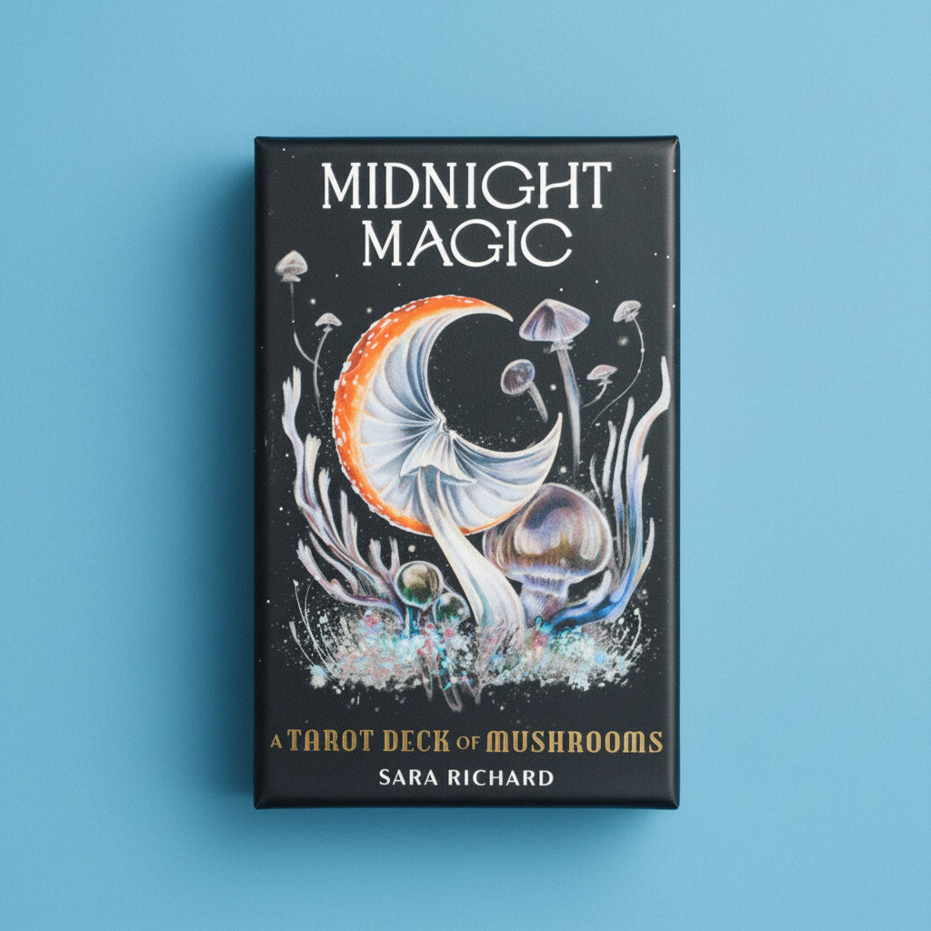 Tarot deck packaging titled 'Midnight Magic' with mushroom illustrations on a blue fabric background