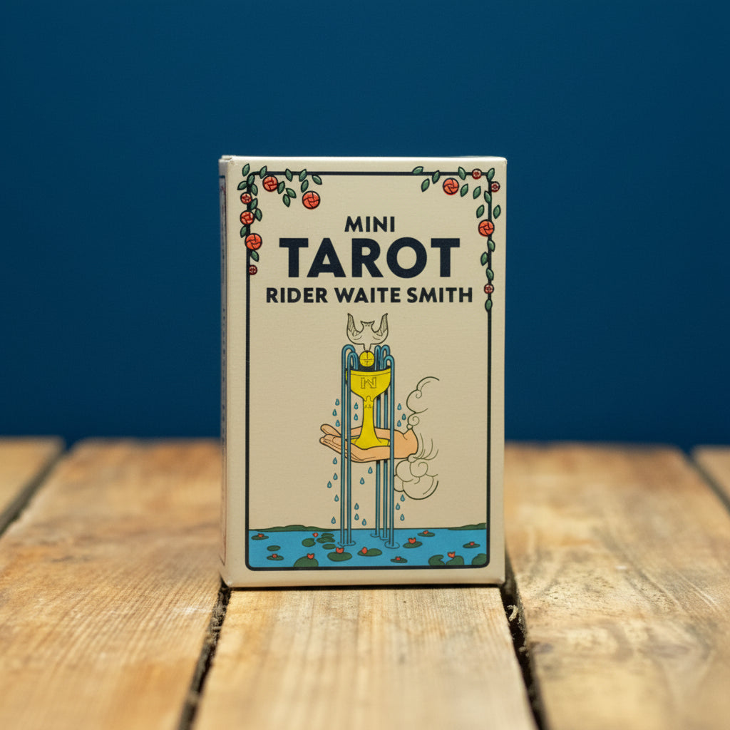 Mini Tarot Rider Waite Smith deck on a wooden surface