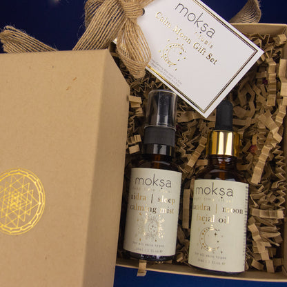 Moksa Calm Moon gift set with two bottles and a label on a blue background
