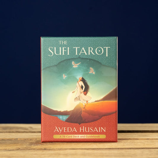 Sufi Tarot card set packaging with a woman and butterfly design on a blue and red background.